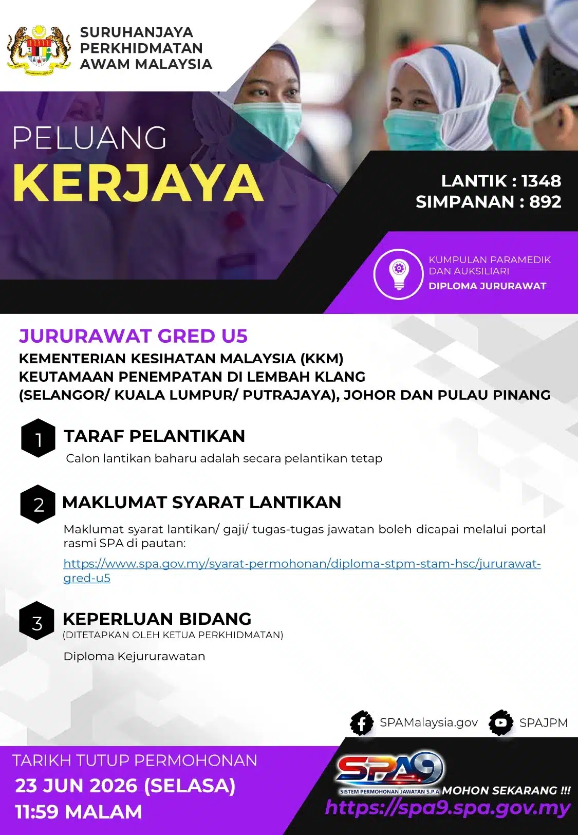 Iklan kekosongan jawatan Jururawat U5 tahun 2026